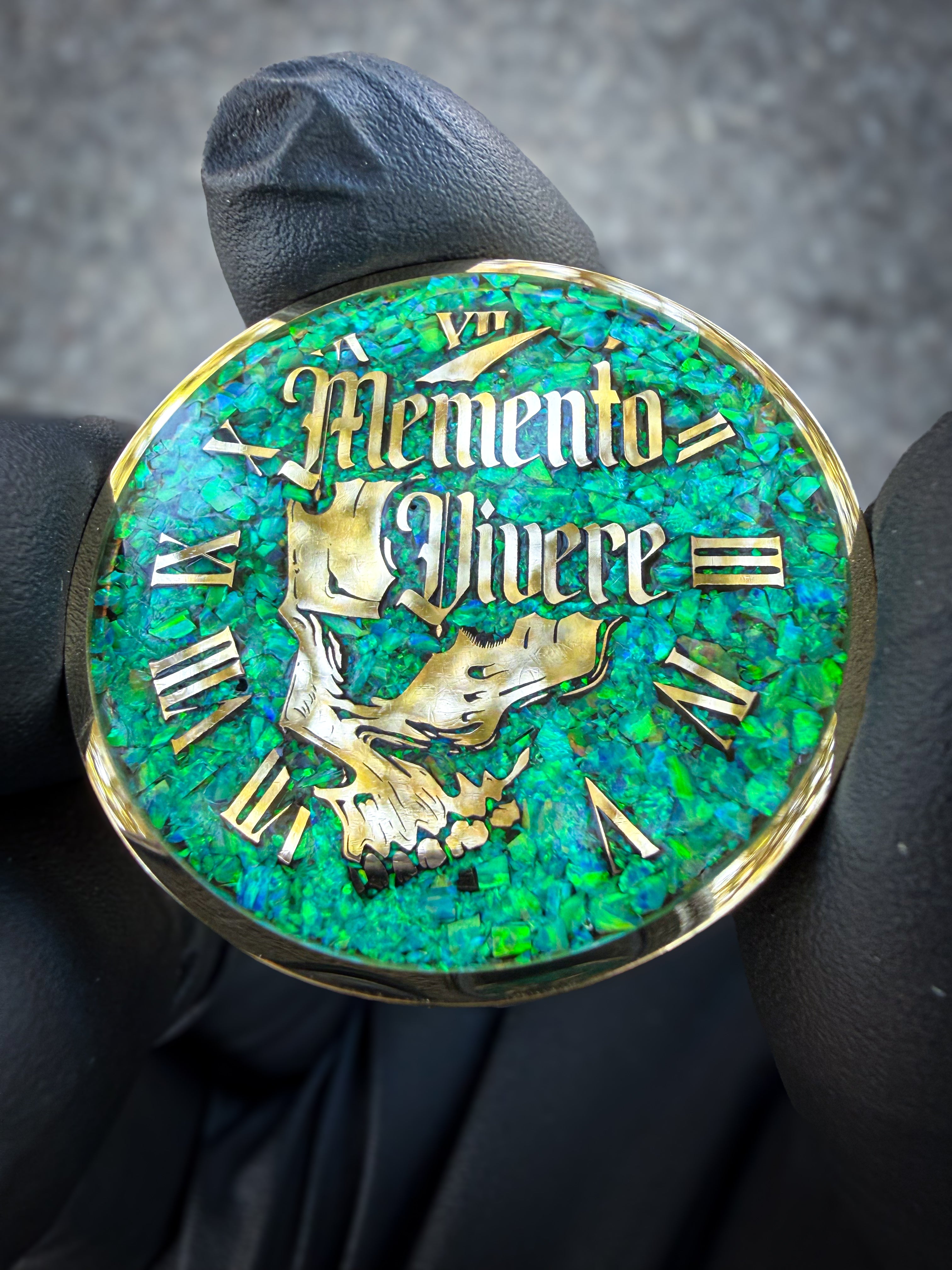 Memento Mori/Vivere Challenge Coin w/Nitro Green Opal inlay