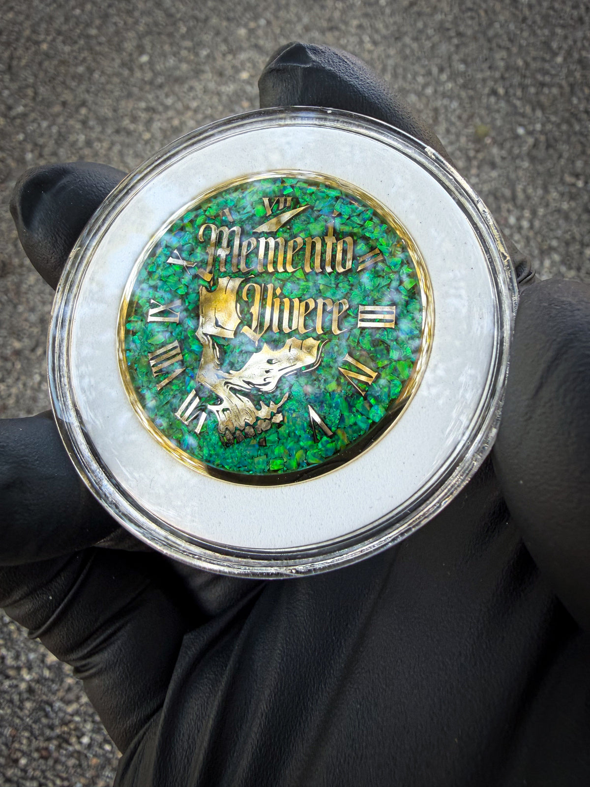 Memento Mori/Vivere Challenge Coin w/Nitro Green Opal inlay
